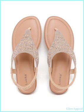 Wide Width Rhinestone Flat Thong Sandals Faux Leather Comfort
